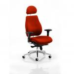 The photo features the Dynamic Posture Seating Chiro Plus Ultimate Bespoke in a dazzling tabasco orange color. Its ergonomically designed back and seat provide comfortable support, making it ideal for long hours of sitting.