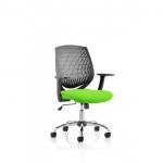 The photo showcases a sleek black dynamic mesh back chair with arms and a custom-colored seat in a beautiful shade of myrrh green. The chair exudes a modern and sophisticated look with its ergonomic design and high-quality materials.