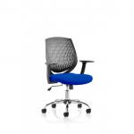 This image showcases a sleek and modern dynamic mesh back chair with durable arms, a black back, and a bespoke color seat in a refreshing stevia blue. It exudes style and comfort, making it a great addition to any office or workspace.