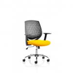 A modern, sleek and stylish dynamic mesh back chair with durable arms, featuring a bold black back and a bespoke colour seat in senna yellow. Perfect for adding a pop of color to any workspace.