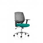 This image features a sleek and modern dynamic mesh back chair with durable black arms. The back is a striking shade of Maringa teal and the seat can be customized to a bespoke color.