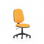 A photograph of the Dynamic General Desk Chairs Eclipse Plus I Lever Task Operator Chair in Senna Yellow shows a sleek and modern design. The back and seat are upholstered in a vibrant yellow color, adding a pop of color to any office space. The chair features a high backrest, armrests, and an adjustable lever for comfortable and ergonomic seating.