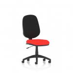 This image shows a sleek, modern desk chair, the Dynamic General Desk Chairs Eclipse Plus. The chair features a lever for ergonomic adjustments and a bespoke color seat in a rich bergamot tone. The chair is set against a backdrop of a cherry wood desk, creating a sophisticated workspace.