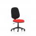 This image shows a sleek, modern desk chair, the Dynamic General Desk Chairs Eclipse Plus. The chair features a lever for ergonomic adjustments and a bespoke color seat in a rich bergamot tone. The chair is set against a backdrop of a cherry wood desk, creating a sophisticated workspace.