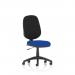 The photograph captures a sleek and modern office chair in vibrant stevia blue color. The ergonomic design and adjustable features of the chair, such as the I lever task operator, make it the perfect addition to any dynamic work environment.