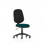 The photograph captures a sleek, modern desk chair featuring a unique Eclipse Plus I Lever design. The dynamic form and comfortable seat in a bespoke Maringa Teal hue create a stylish and functional addition to any workspace.