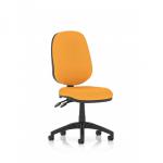 The photograph captures a group of sleek, modern general desk chairs called the Eclipse Plus II. Each chair features a unique, custom color for both the back and seat, with a striking senna yellow hue. The chairs are designed with an ergonomic lever and are ready for dynamic use in any office space.