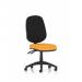 The photograph shows a sleek, modern general desk chair with a dynamic design. The Eclipse Plus II Lever Task Operator Chair features a bespoke color seat in vibrant Senna Yellow.