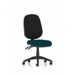 In the photo, a sleek and modern Dynamic General Desk Chair can be seen in a vibrant Maringa Teal color. It features an Eclipse Plus II lever for customizable adjustments and is perfect for use as a task or operator chair.
