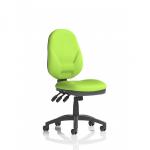 The photo features a sleek and modern Eclipse Plus XL Lever Task Operator Chair, with a bespoke Myrrh Green back and seat, complemented by a sturdy and adjustable desk. The dynamic design and bold color make this a standout addition to any office space.