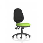 In the photo, there is a sleek and modern Eclipse Plus XL Lever Task Operator Chair. The Bespoke Colour Seat in a vibrant Myrrh Green adds a pop of color to the overall dynamic and functional design. Perfect for any workspace or office setting.