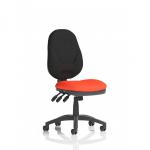 The image shows multiple dynamic general desk chairs in the Eclipse Plus XL Lever Task Operator Chair style. The chairs feature bespoke color seats in a vibrant tabasco orange. The chairs are set up in an office with a modern desk and computer equipment visible in the background.