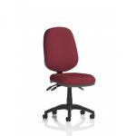 This picture features a sleek and modern Dynamic General Desk chair, model Eclipse Plus III. The chair has a lever for adjusting the height and is designed for comfortable, ergonomic seating. The back and seat are a vibrant, custom color of ginseng chilli.