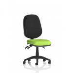 The picture shows a sleek, modern office chair called the Dynamic General Desk Chairs Eclipse Plus III. It features a lever for adjustable height and a comfortable, bespoke green seat in the color Myrrh.