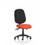 The photo shows a sleek and modern Dynamic General Desk Chair in the Eclipse Plus III model, featuring a convenient lever for adjustable height and angled armrests. The chairs seat is a vibrant shade of tabasco orange, adding a pop of color to any workspace.