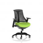 The dynamic mesh back chair has a sleek black frame and a black back, with a bespoke color seat in myrrh green. It features a flexible design and is perfect for workspaces.