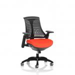 A striking image of a modern office chair with a flexible mesh back and bold black frame. The black back complements the vibrant tabasco orange seat, creating a lively color contrast. The bespoke design adds a personalized touch to this dynamic task chair.