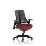 This picture shows a dynamic mesh back chair with a black frame and a black back. The seat can be customized to a bespoke color, and in this photo it is shown in a vibrant ginseng chili hue. The chair is labeled KCUP0286.