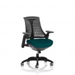 This image shows a modern office setup with two dynamic mesh back chairs. The chairs have black frames, black backs, and bespoke color seats in a refreshing Maringa Teal hue. The chairs are designed to provide comfort and support for the operator while working.