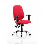 This photograph features the sleek and modern design of the Dynamic General Desk Chairs Lisbon Task Operator Chair in a bespoke colour of Bergamot Cherry. The ergonomic shape and sturdy base provide comfort and support, making it ideal for any office setting. The vibrant red hue adds a pop of color to any workspace.