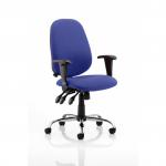 The picture shows a sleek and modern office desk chair with a high back and adjustable functions. Its vibrant Stevia Blue color adds a pop of personality to any workspace. The chair is designed for fast-paced and versatile work environments, making it a perfect addition to any office or home office setup.