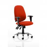 This photo features a sleek and modern Dynamic General Desk Chair in a vibrant Tabasco Orange color. The adjustable operator chair is designed for comfort and durability, making it a great addition to any workspace.
