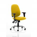 This photograph captures a sleek and modern work environment with the Dynamic General Desk Chairs Lisbon Task Operator Chair in a custom vibrant Senna Yellow color. The ergonomic design and sturdy frame provide both style and functionality for any office setting.