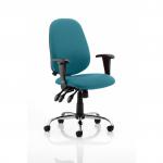 The photo captures a stunning view of a vibrant teal operator chair, the Dynamic General Desk Chair in Lisbon Task design. Its sleek lines and bespoke color add a touch of modernity to any workspace. The Maringa Teal upholstery exudes both style and comfort, making it a perfect addition to any office setting.