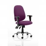 The photograph captures the sleek and modern design of the Dynamic General Desk Chairs Lisbon Task Operator Chair in a bespoke Tansy Purple color. The chair boasts of ergonomic features with its adjustable height and backrest, perfect for any office setting.