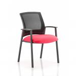 This image features a sleek, modern visitor chair with a dynamic design. The chair has a mesh back and a bespoke, vibrant seat in a bergamot cherry color. Perfect for creating a contemporary and inviting atmosphere in any office or workspace.