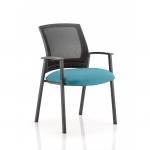 This photo features a sleek and modern visitor chair in a vibrant shade of teal. The mesh back design adds a touch of elegance, while the bespoke color seat adds a personalized touch. Perfect for an office or waiting room.