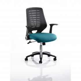 Relay Task Operator Chair Bespoke Colour Black Back Maringa Teal With Folding Arms KCUP0511