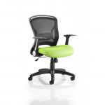 This photograph features a modern office chair with a dynamic mesh back design. The seat is a bespoke shade of myrrh green, adding a pop of color to any workspace. The chair is labeled as the Zeus Mesh Back Task Operator Chair.