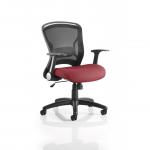 The photograph features a dynamic mesh back chair, specifically the Zeus Mesh Back Task Operator Chair with a custom color seat in a vibrant ginseng chili shade. The chair exudes a modern and sleek design, perfect for any workspace.