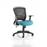 This picture features a sleek and modern Zeus Mesh Back Task Operator Chair with a dynamic mesh back and a customized Maringa Teal colored seat. The ergonomic design offers comfort and style for any workspace.