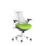 This photo features sleek and modern Dynamic Mesh Back Chairs. The chair has a white frame, white back, and a unique seat color in Myrrh Green. It has a flexible design and is perfect for any operator tasks.