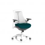 This picture features a sleek and modern white frame chair with a dynamic mesh back, perfect for flexibility and comfort. The white back complements the bespoke colored seat in Maringa Teal. This chair is the ideal choice for any office or workspace.