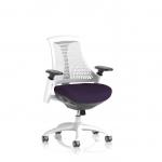 The image shows a white-framed operator chair with a dynamic mesh back, complemented by a white backrest and a bespoke color seat in tansy purple. This chair, with the product code KCUP0736, oozes style and functionality.