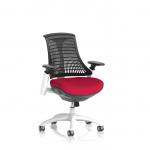 The photo shows a sleek and modern Dynamic Mesh Back Chair, featuring a White Frame and Black Back. The seat is a Bespoke Colour, specifically Bergamot Cherry. This customizable operator chair is perfect for any office setting, providing comfort and style for long work hours.