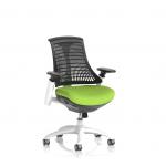 This photograph features two modern dynamic mesh back chairs with a white frame and a black back. The operator chairs have a bespoke colour seat in Myrrh Green. They are labeled as KCUP0746.