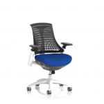 This picture features a modern and ergonomic Dynamic Mesh Back chair with a white frame, black back, and a bespoke seat in a vibrant Stevia Blue color. The chair is designed for a comfortable and adjustable seating experience, perfect for any office setting.