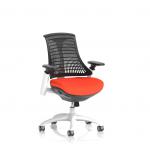 This image features a sleek, modern Dynamic Mesh Back Chair with a white frame and black back. The seat is a bold bespoke color in tabasco orange. Perfect for any office setting, this KCUP0748 model offers style and functionality.