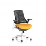 A sleek and modern operator chair with a white frame and black mesh backrest. The customized seat is a vibrant shade of senna yellow, adding a pop of color to any workspace. The dynamic mesh design provides comfort and flexibility for long hours of sitting.