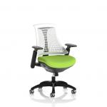 The photograph captures a sleek and modern office setting with dynamic mesh back chairs. The black frame and white back contrast with a bespoke color seat in myrrh green, adding a pop of color. The chairs are perfect for any workspace, providing both style and comfort.