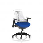 This picture features a sleek black framed task chair with a dynamic mesh back and a white backrest. The seat is a custom color and in this case, it is a vibrant stevia blue. The chair is perfect for any modern workspace.