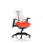 This image features dynamic mesh back chairs with a black frame and white back. The seat can be customized in a tabasco orange color, giving it a unique and modern look. Perfect for any operator looking for a comfortable and stylish chair.