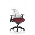 The photograph shows a sleek and modern Dynamic Mesh Back Chair with a black frame and a white back. The seat is in a bespoke colour, which adds a touch of personalization. The eye-catching seats in ginseng and chili bring a pop of color to the chair.