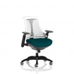 A sleek and modern flex task operator chair with a black frame and dynamic mesh back. The white back and bespoke colour seat in Maringa Teal add a pop of color to this stylish and comfortable office chair. Perfect for any workspace.