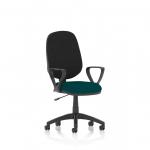 The photograph captures a sleek and modern office chair, featuring a dynamic design and loop arms. The bespoke coloured seat in Maringa teal adds a touch of elegance. This chair is perfect for any task at hand and provides comfortable support with its eclipse plus I lever.