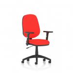 This image features a sleek and modern ergonomic desk chair with a dynamic design. The chair has a lever for adjusting the height and comes with adjustable arms for customizable comfort. The seat and back are an eye-catching bespoke color, in a beautiful bergamot cherry shade.